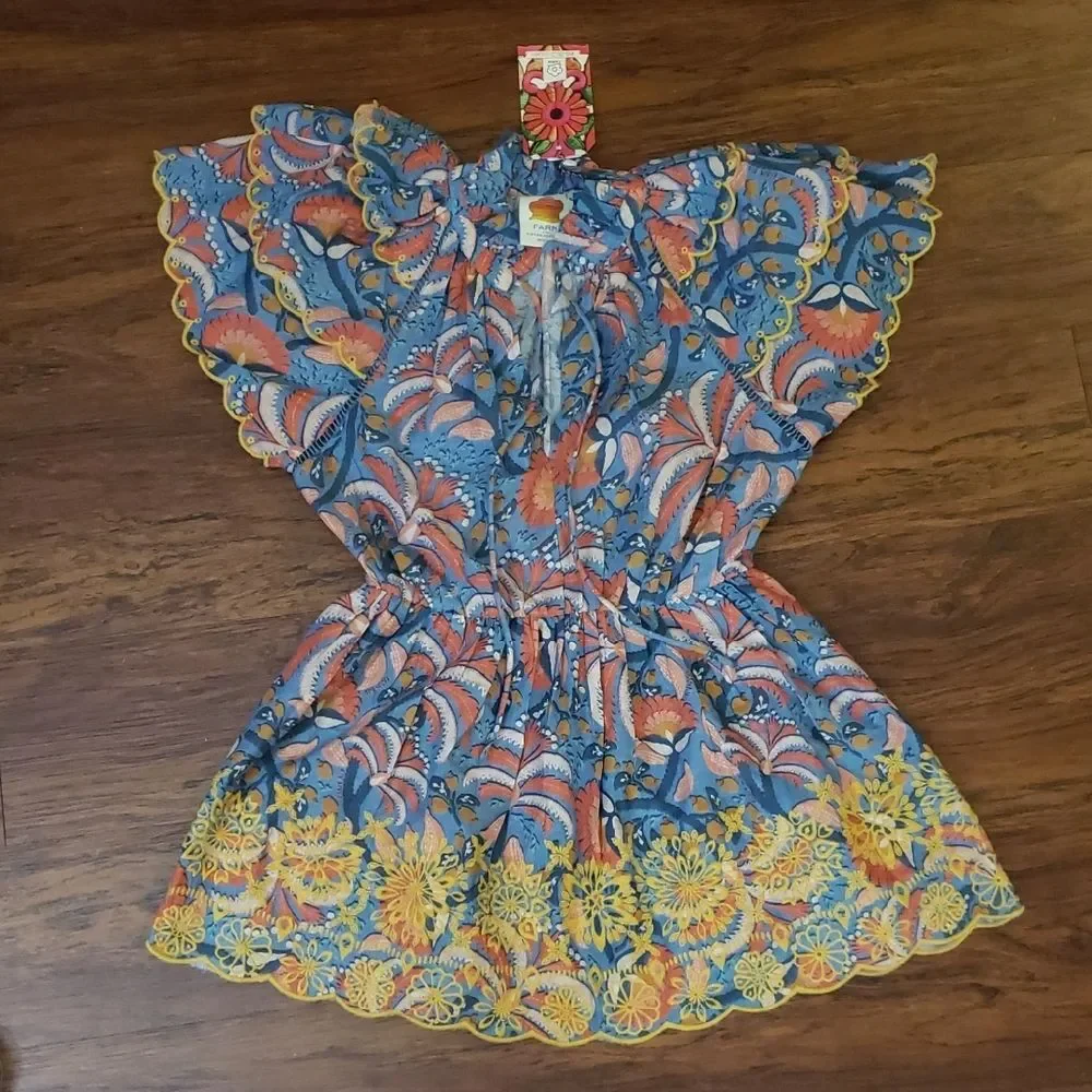 Farm Rio Floral Blouse Size XS Ruffled Sleeves Boho Embroidered Chic Feminine